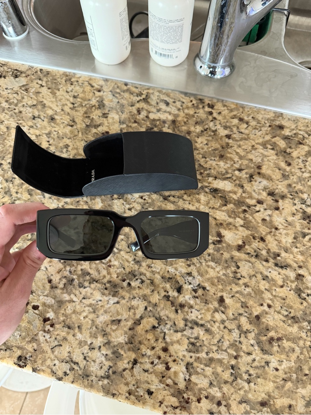 Prada Black Rectangular Sunglasses with Matching Black Case
